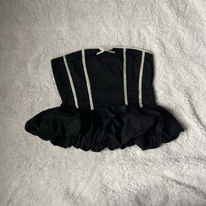 Strapless Black Ruffled Peplum Top with Contrast Trim